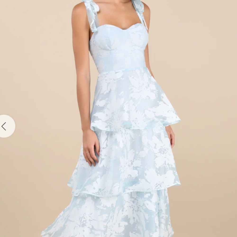 Never Worn - Lulus Drayson Light Blue Floral Burnout Tie-strap Tiered Midi Dress